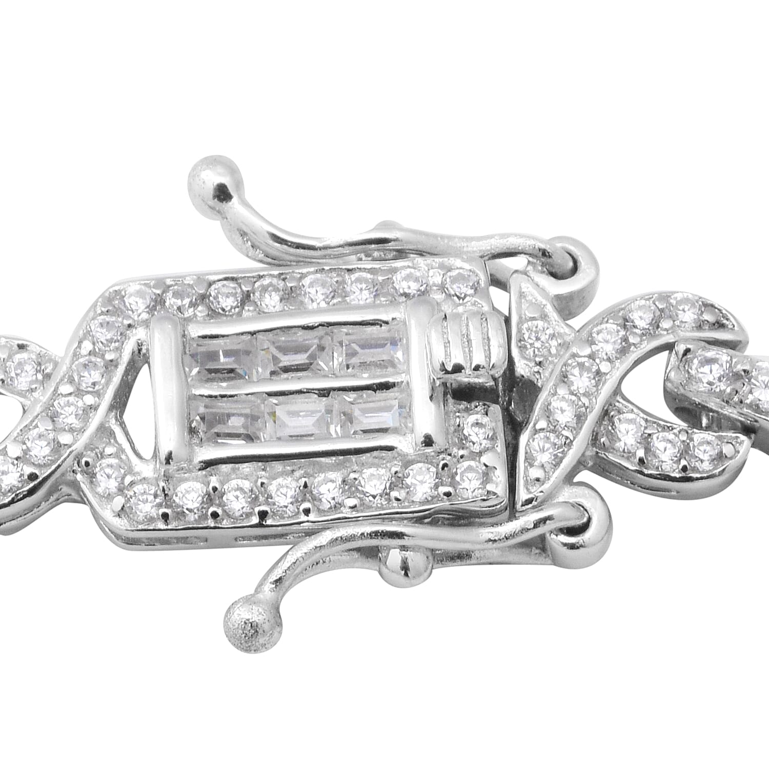 ELANZA Simulated Diamond (Rnd and Bgt) Bracelet (Size 6.75) in Rhodium Overlay Sterling Silver, Silver wt 13.17 Gms