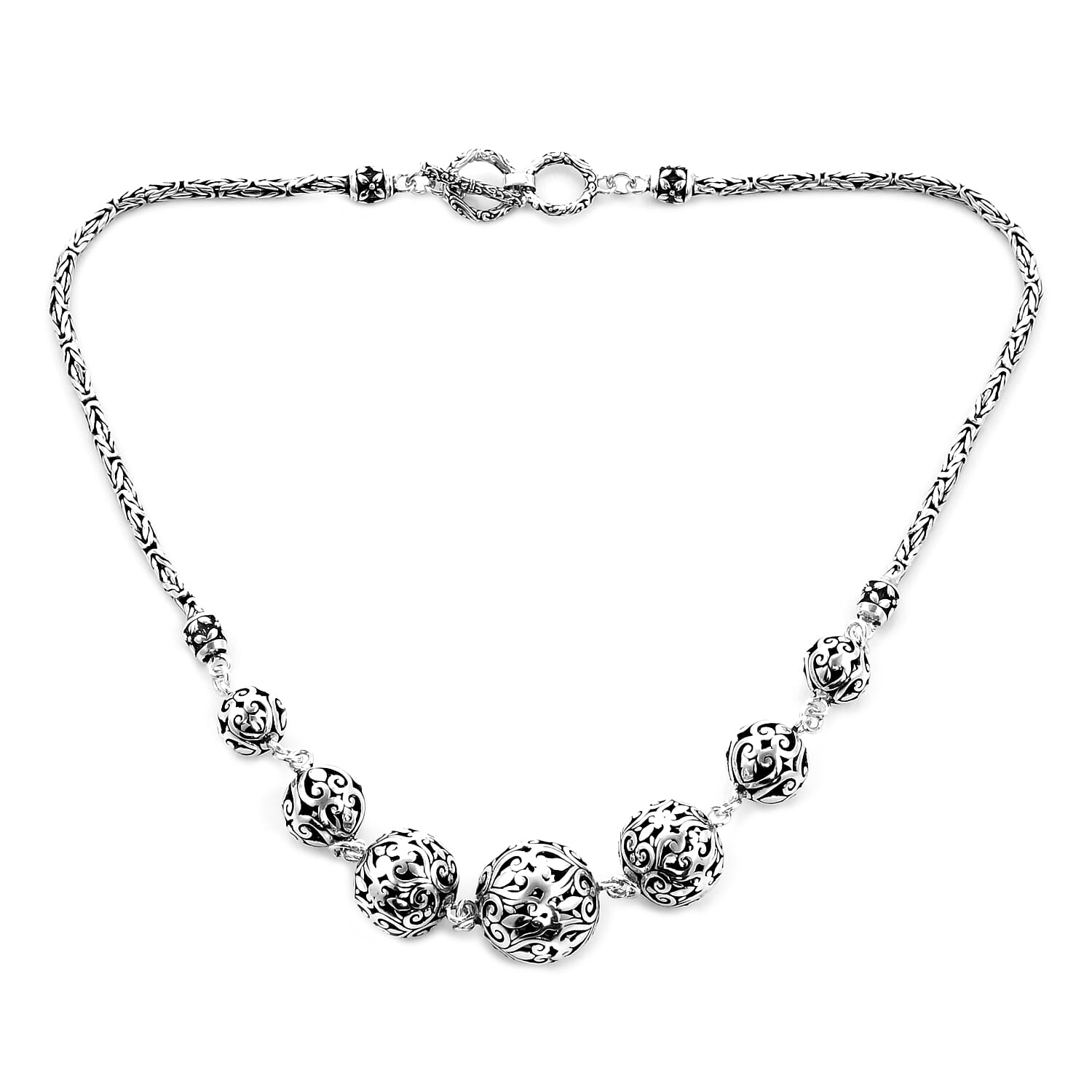 Royal Bali Collection - Sterling Silver Bead Tulang Naga Necklace (Size 18) with T-Bar Clasp, Silver wt 36.80 Gms