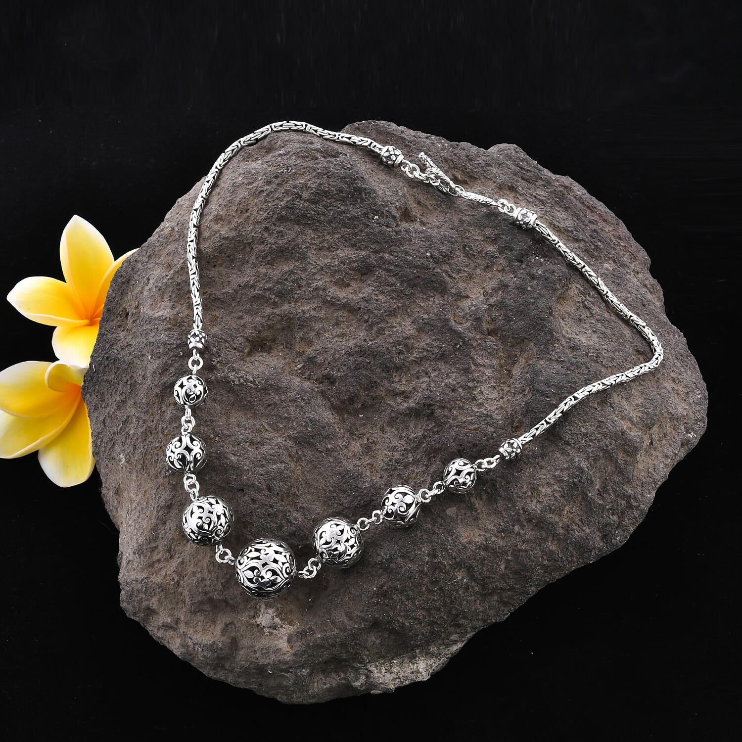 Royal Bali Collection - Sterling Silver Bead Tulang Naga Necklace (Size 18) with T-Bar Clasp, Silver wt 36.80 Gms