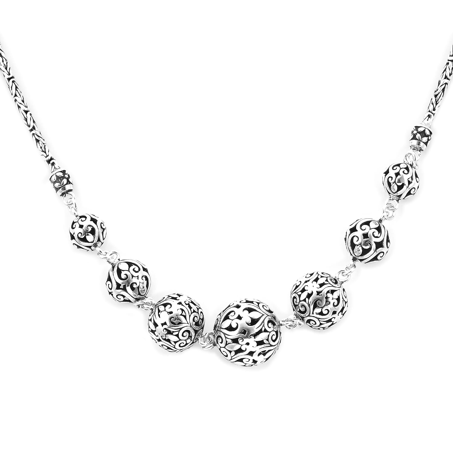 Royal Bali Collection - Sterling Silver Bead Tulang Naga Necklace (Size 18) with T-Bar Clasp, Silver wt 36.80 Gms