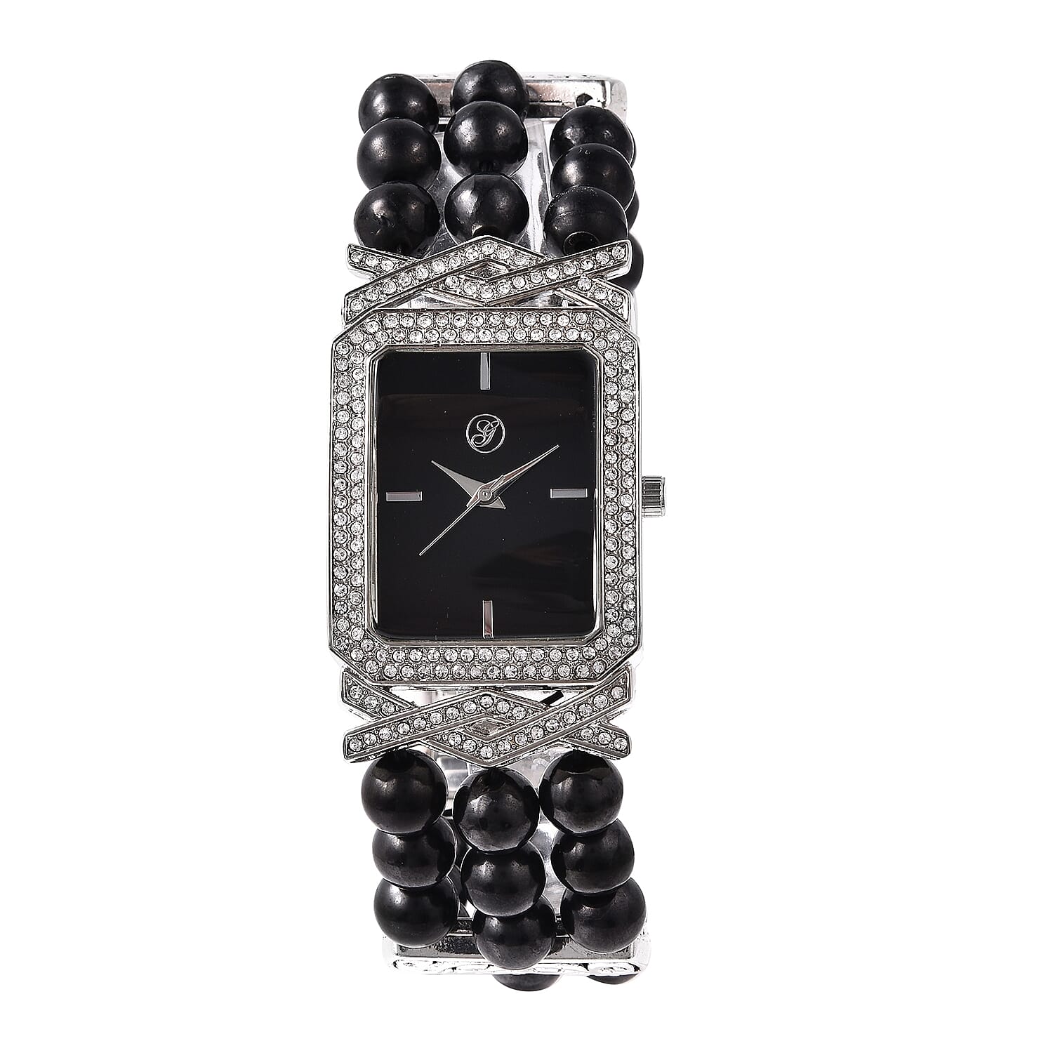 GENOA Japanese Movement Crystal Studded Water Resistant Bracelet Watch with Shungite Beads Stretchable Strap in Natural Stainless Steel 111.60 Ct.