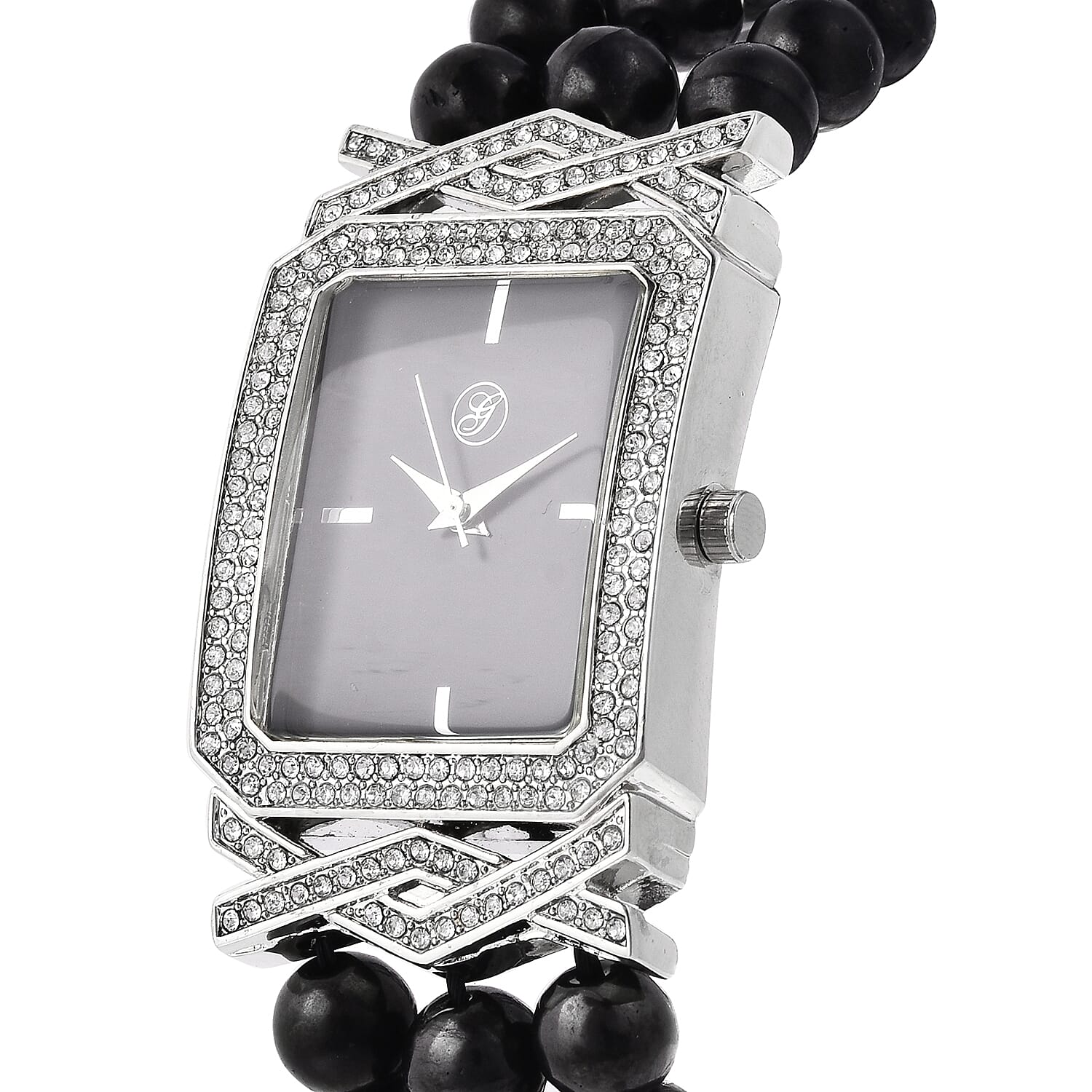 GENOA Japanese Movement Crystal Studded Water Resistant Bracelet Watch with Shungite Beads Stretchable Strap in Natural Stainless Steel 111.60 Ct.