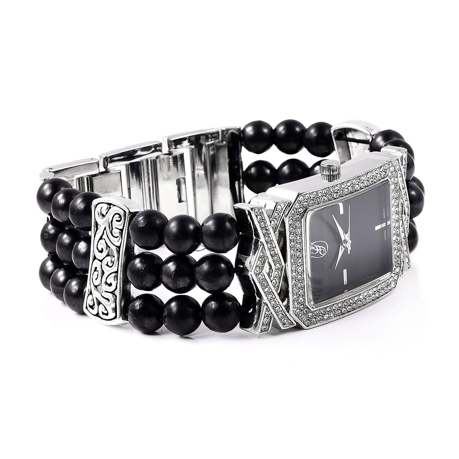 GENOA Japanese Movement Crystal Studded Water Resistant Bracelet Watch with Shungite Beads Stretchable Strap in Natural Stainless Steel 111.60 Ct.