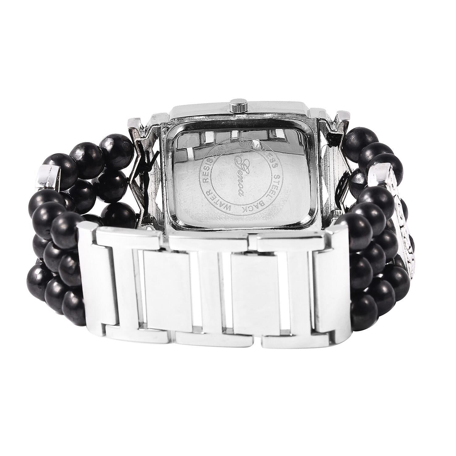GENOA Japanese Movement Crystal Studded Water Resistant Bracelet Watch with Shungite Beads Stretchable Strap in Natural Stainless Steel 111.60 Ct.