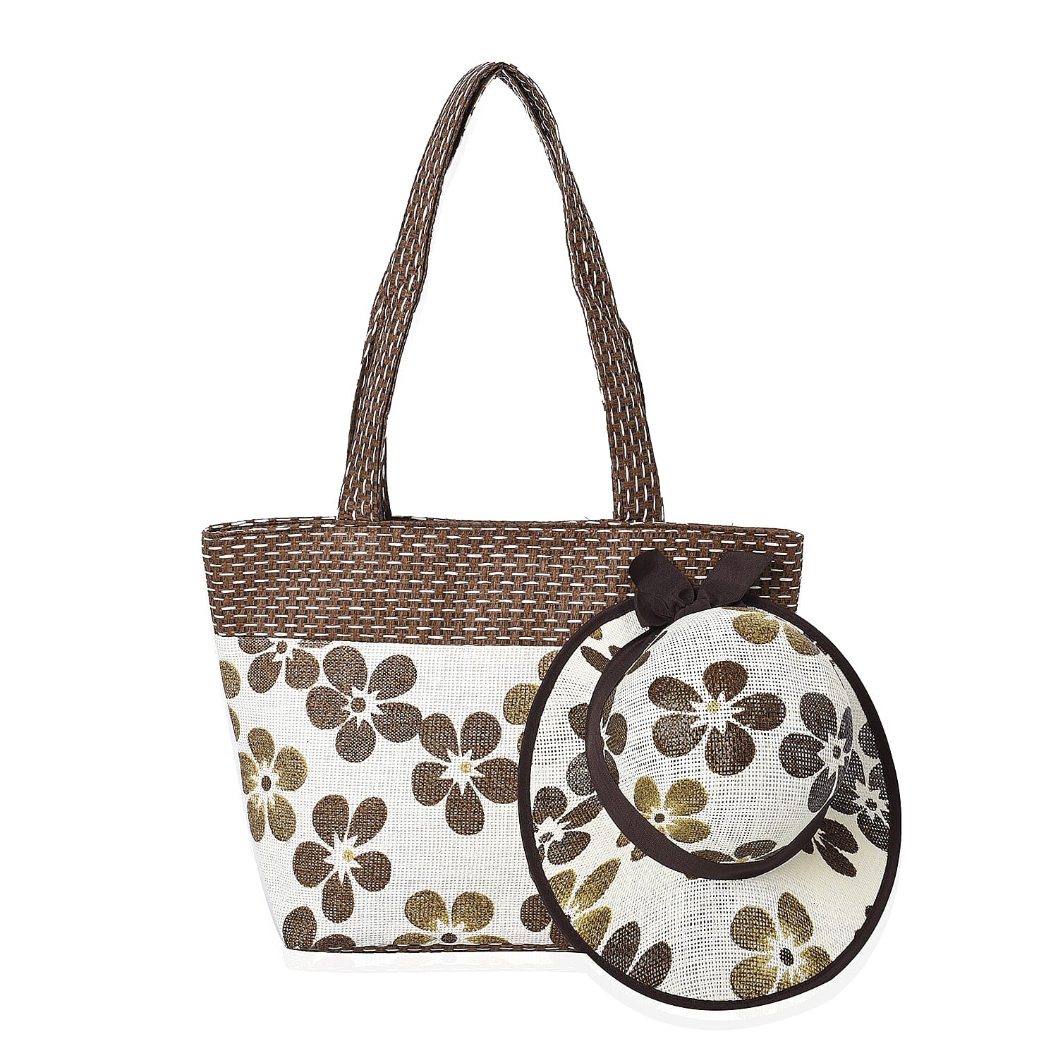 2 Piece Set - Flower Pattern Tote Bag with Zipper Closure (Size 44x30x14 Cm) and Hat with Bowknot (Size 29x31 Cm) - Cream and Brown