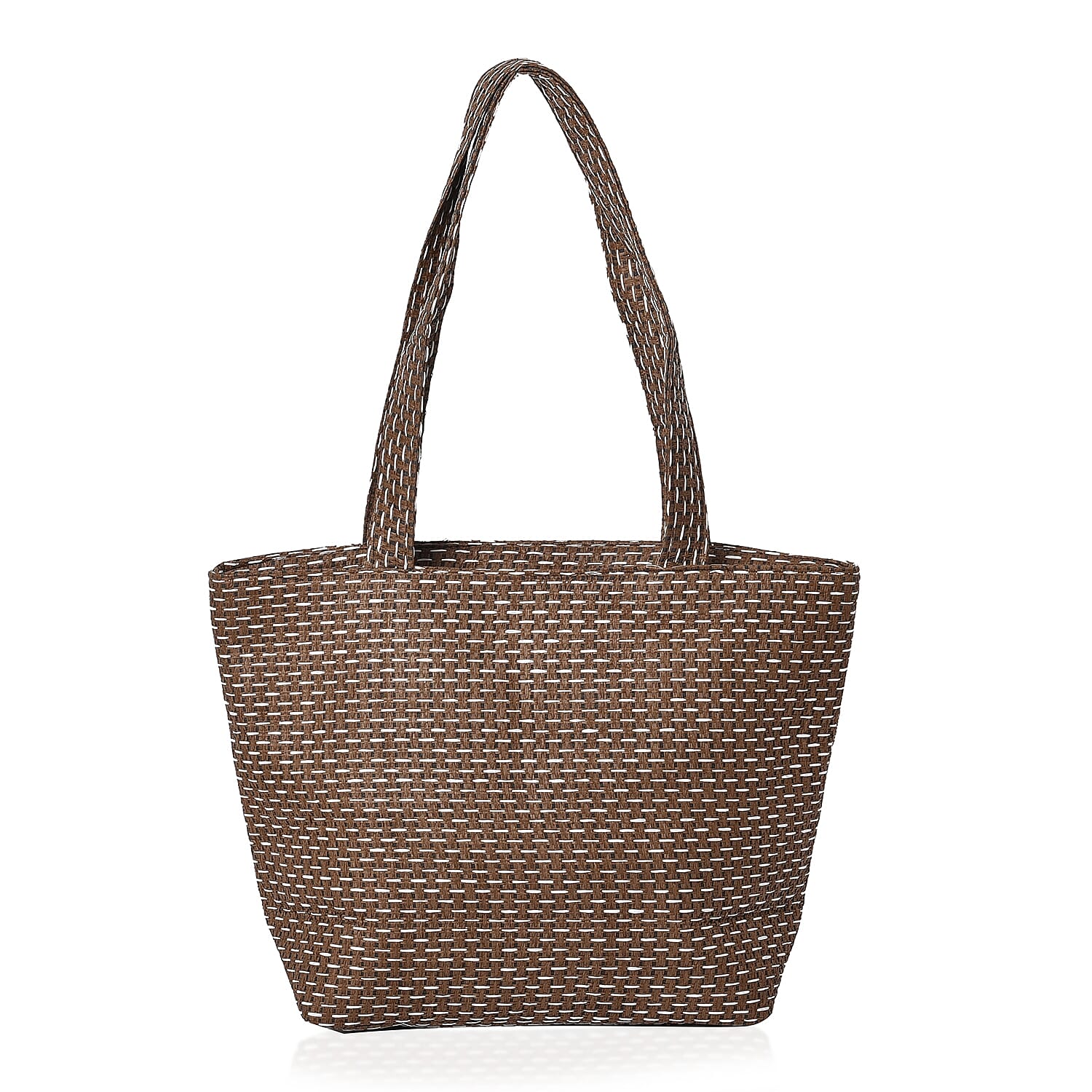 2 Piece Set - Flower Pattern Tote Bag with Zipper Closure (Size 44x30x14 Cm) and Hat with Bowknot (Size 29x31 Cm) - Cream and Brown