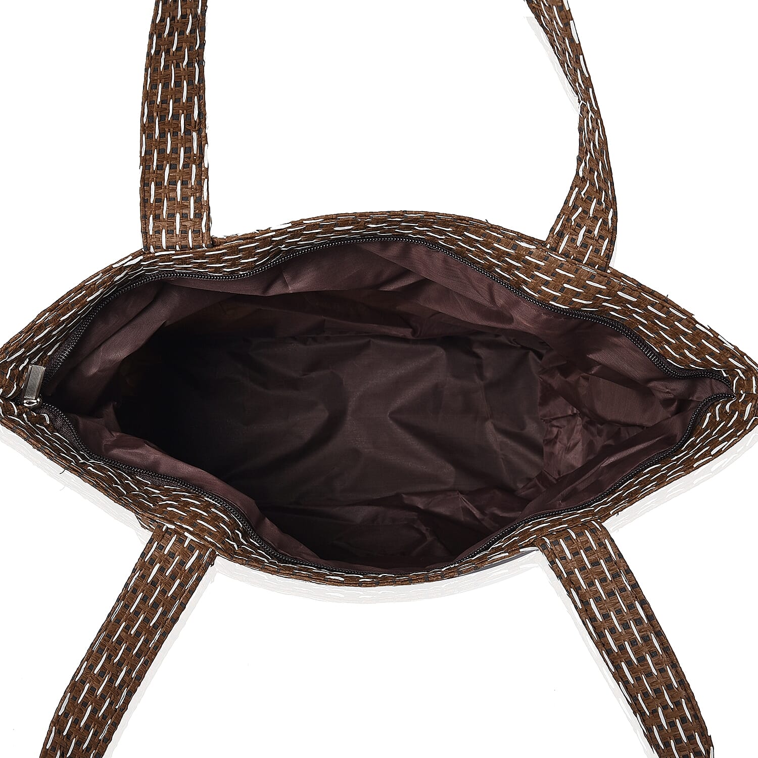 2 Piece Set - Flower Pattern Tote Bag with Zipper Closure (Size 44x30x14 Cm) and Hat with Bowknot (Size 29x31 Cm) - Cream and Brown