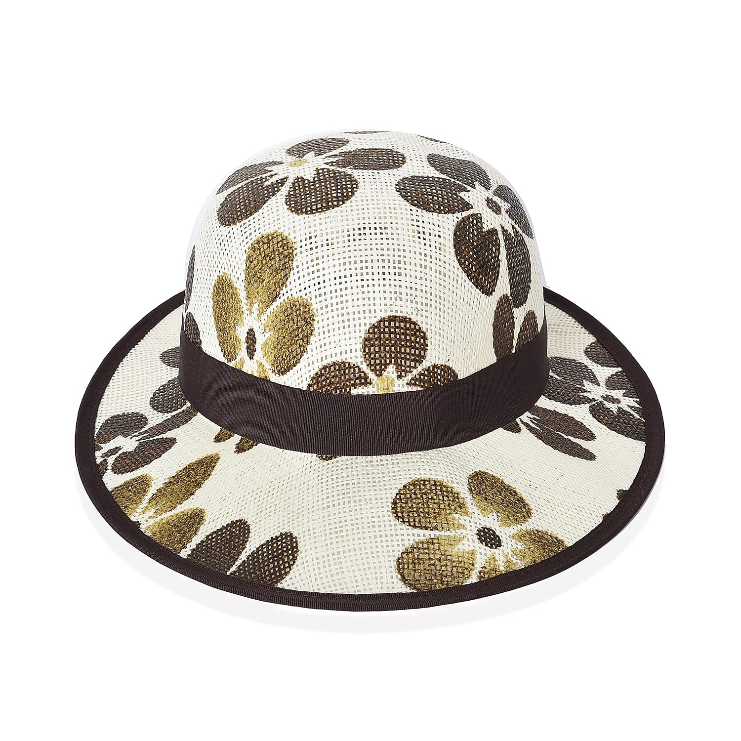 2 Piece Set - Flower Pattern Tote Bag with Zipper Closure (Size 44x30x14 Cm) and Hat with Bowknot (Size 29x31 Cm) - Cream and Brown