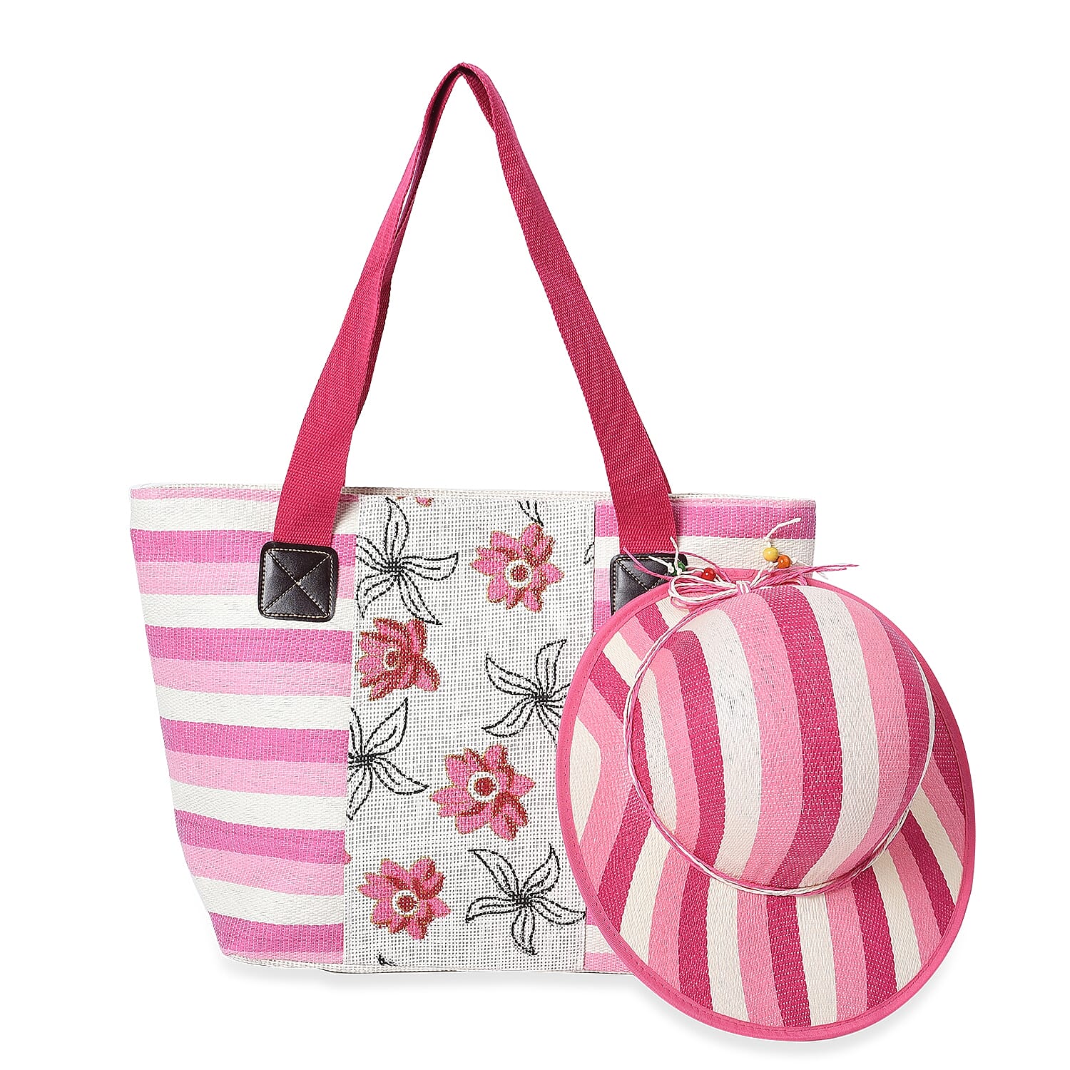 2 Piece Set - Strip and Flower Pattern Tote Bag with Zipper Closure (Size 44x30x14 Cm) and Hat with Bowknot (Size 29x31 Cm) - Cream and Pink