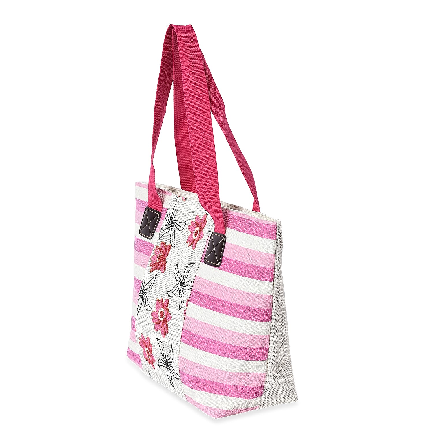 2 Piece Set - Strip and Flower Pattern Tote Bag with Zipper Closure (Size 44x30x14 Cm) and Hat with Bowknot (Size 29x31 Cm) - Cream and Pink
