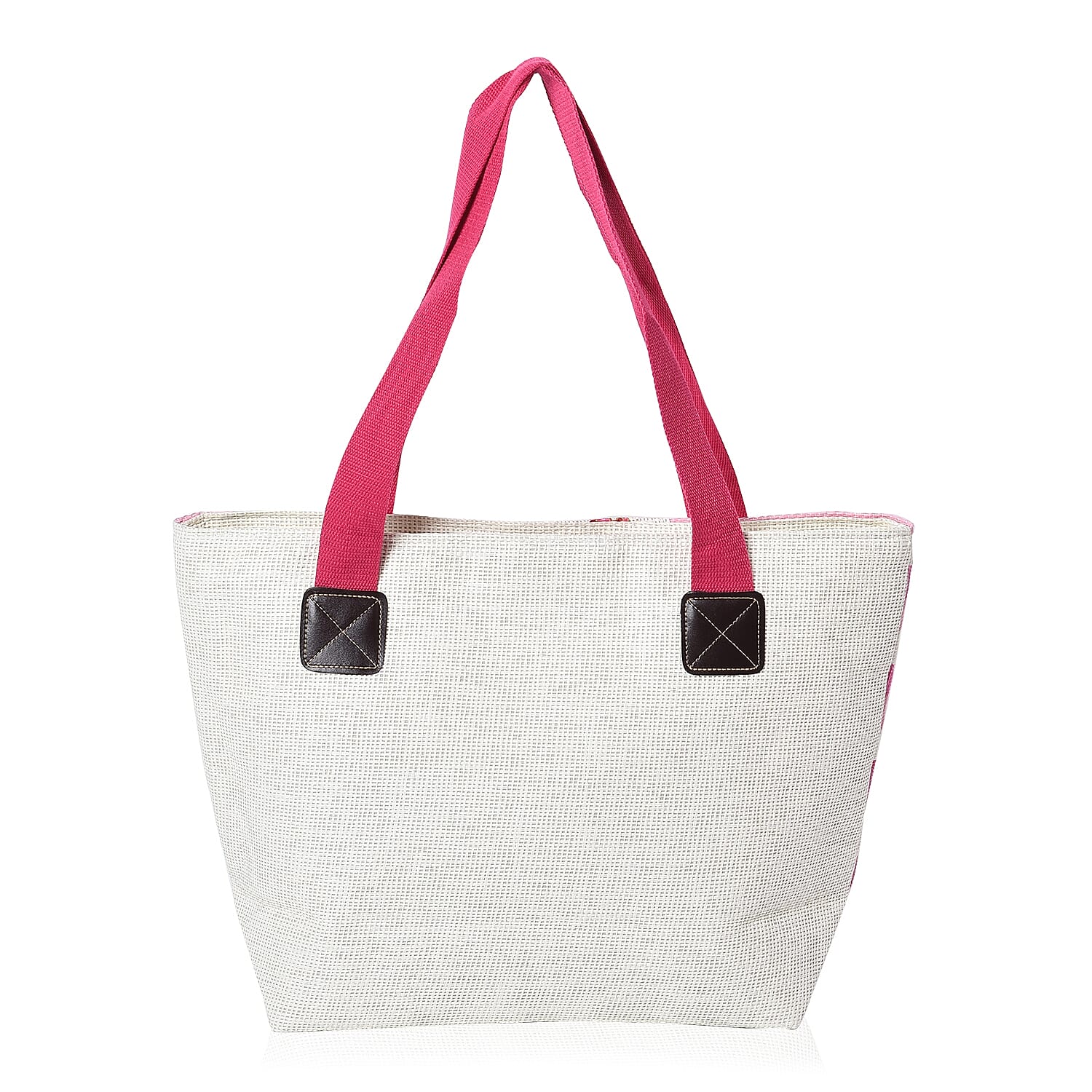 2 Piece Set - Strip and Flower Pattern Tote Bag with Zipper Closure (Size 44x30x14 Cm) and Hat with Bowknot (Size 29x31 Cm) - Cream and Pink