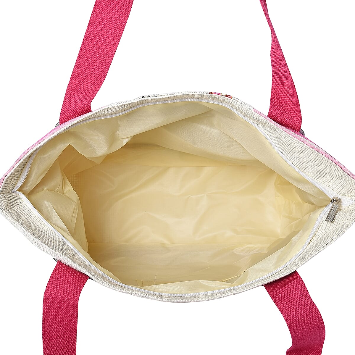 2 Piece Set - Strip and Flower Pattern Tote Bag with Zipper Closure (Size 44x30x14 Cm) and Hat with Bowknot (Size 29x31 Cm) - Cream and Pink