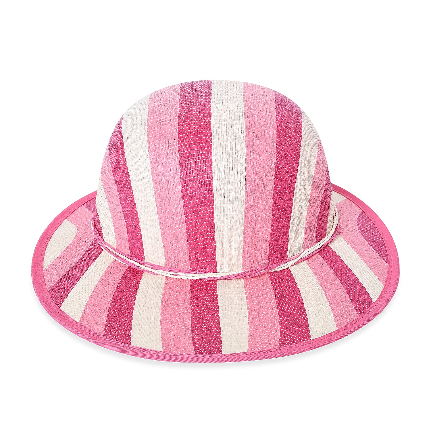 2 Piece Set - Strip and Flower Pattern Tote Bag with Zipper Closure (Size 44x30x14 Cm) and Hat with Bowknot (Size 29x31 Cm) - Cream and Pink