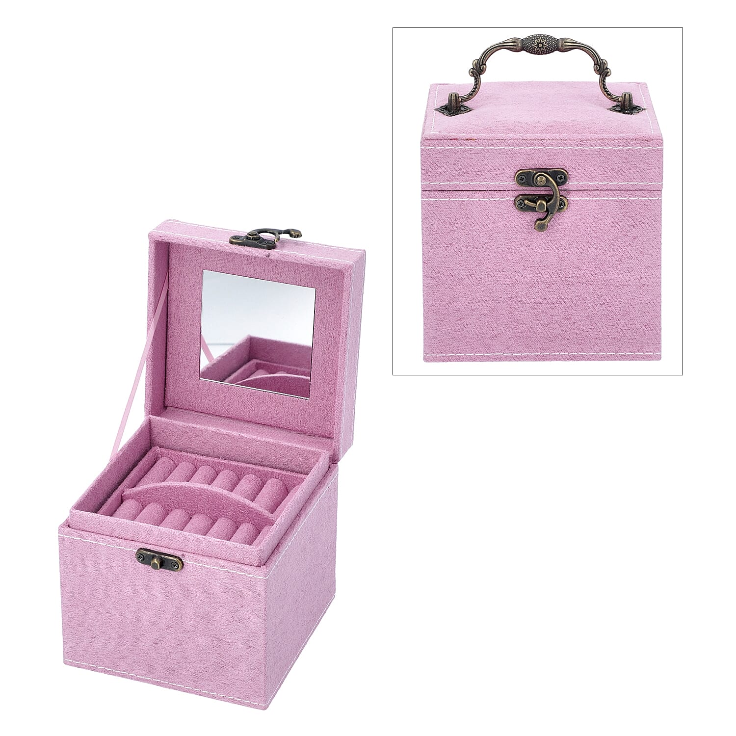 3 Layer Velvet Jewellery Box with Inside Mirror and Vintage Handle (Size 12x12x12 Cm) - Pink
