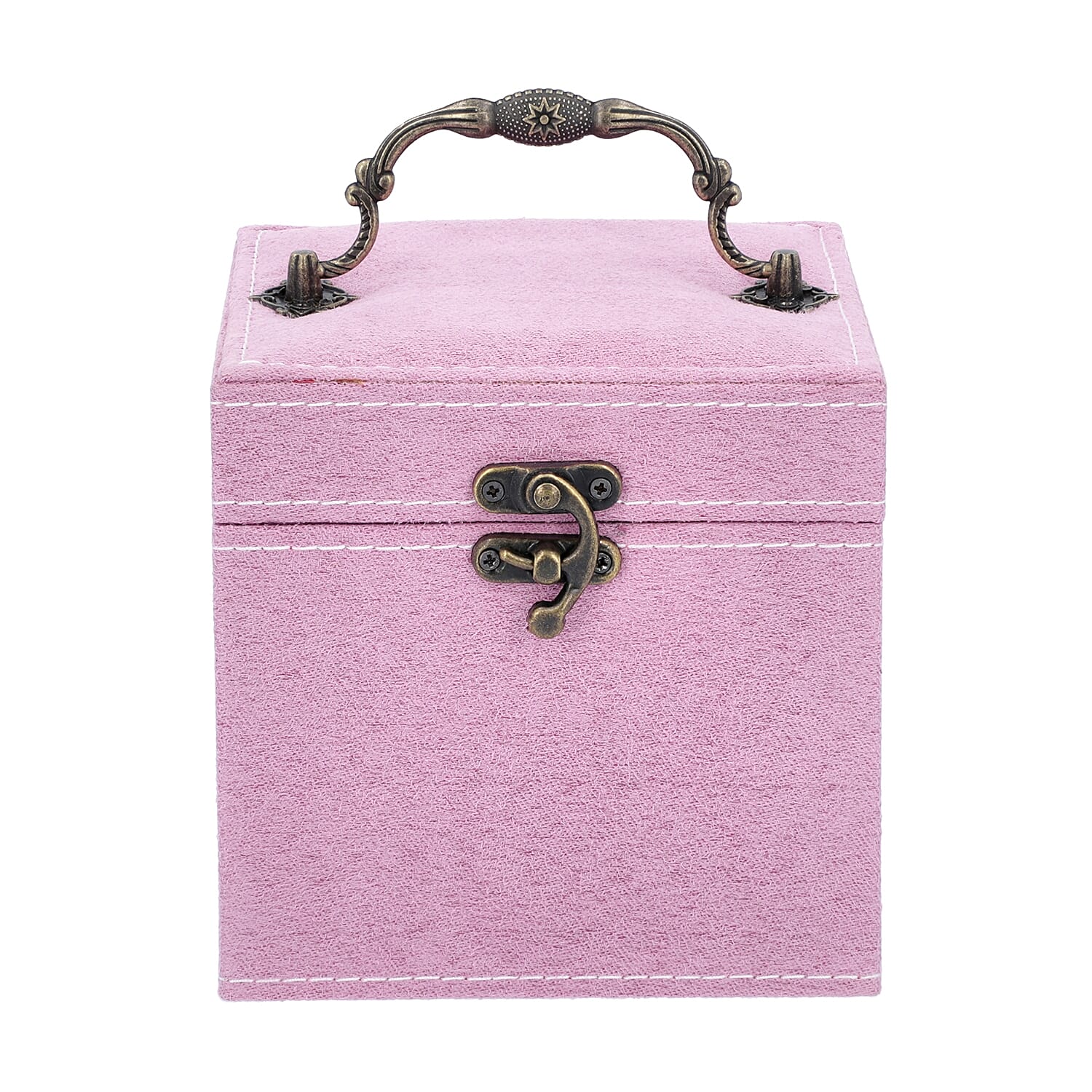 3 Layer Velvet Jewellery Box with Inside Mirror and Vintage Handle (Size 12x12x12 Cm) - Pink