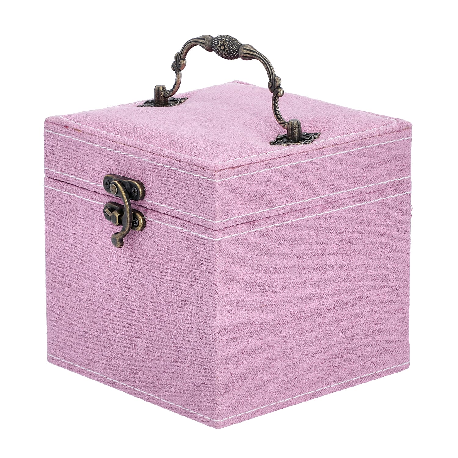 3 Layer Velvet Jewellery Box with Inside Mirror and Vintage Handle (Size 12x12x12 Cm) - Pink