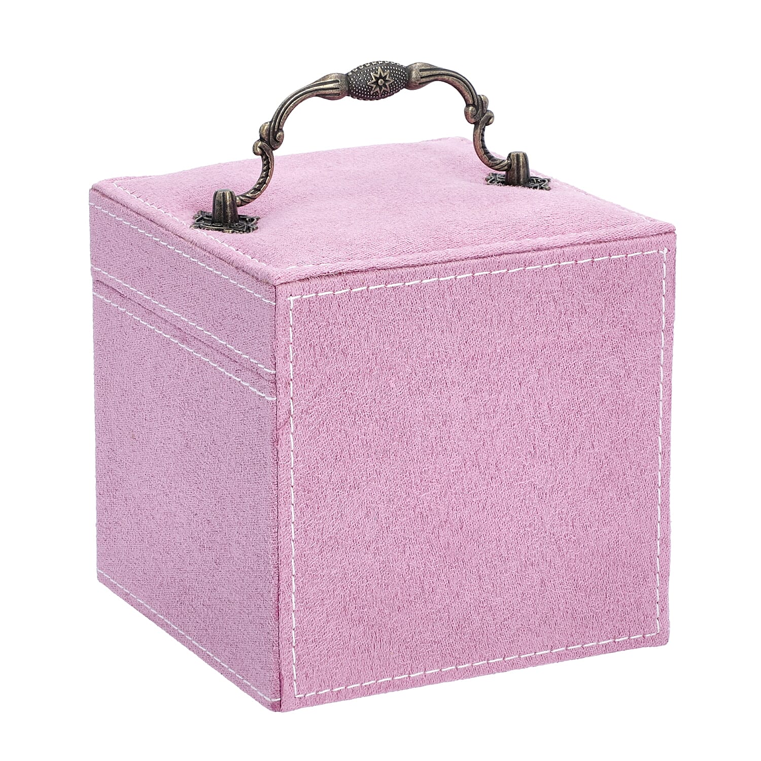 3 Layer Velvet Jewellery Box with Inside Mirror and Vintage Handle (Size 12x12x12 Cm) - Pink