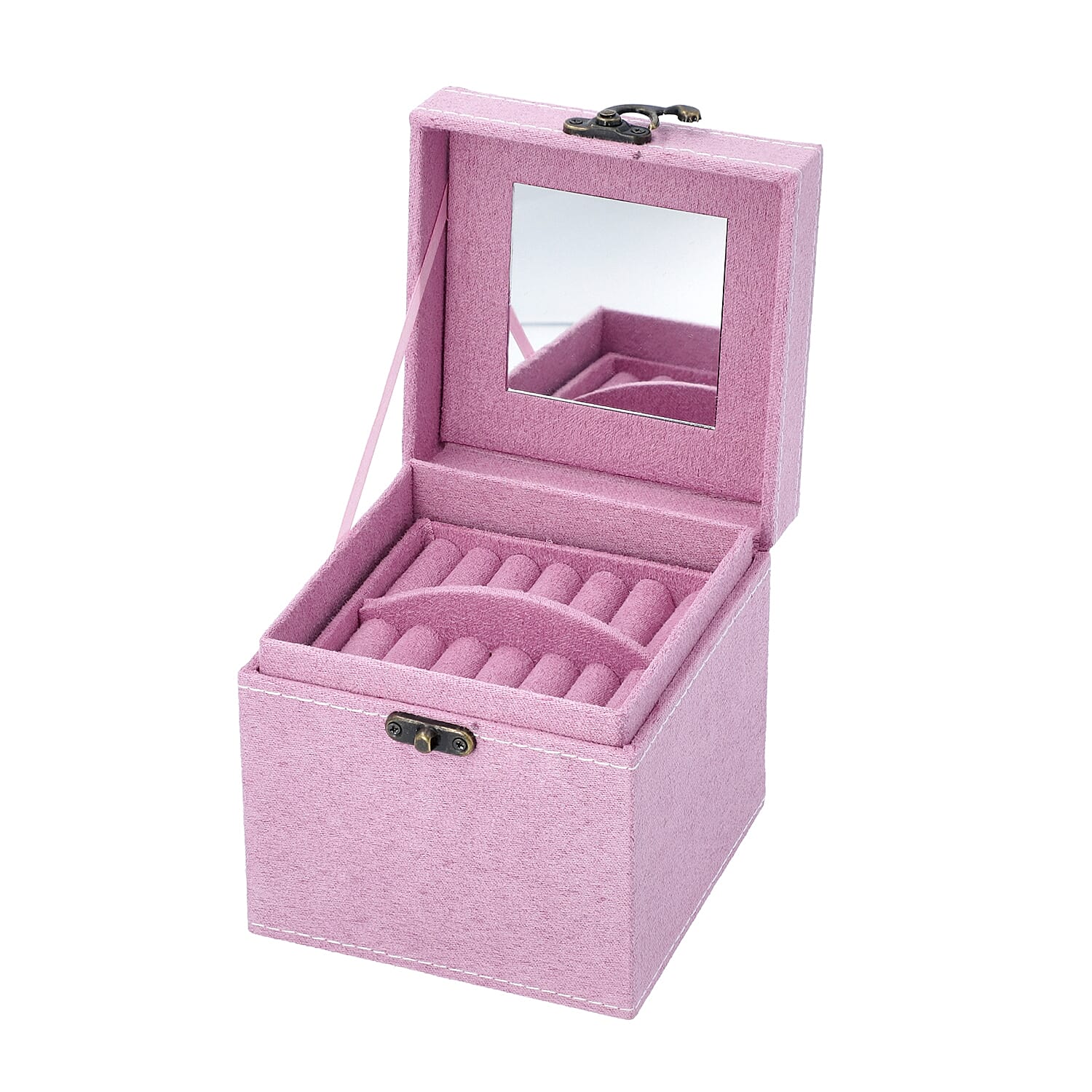 3 Layer Velvet Jewellery Box with Inside Mirror and Vintage Handle (Size 12x12x12 Cm) - Pink