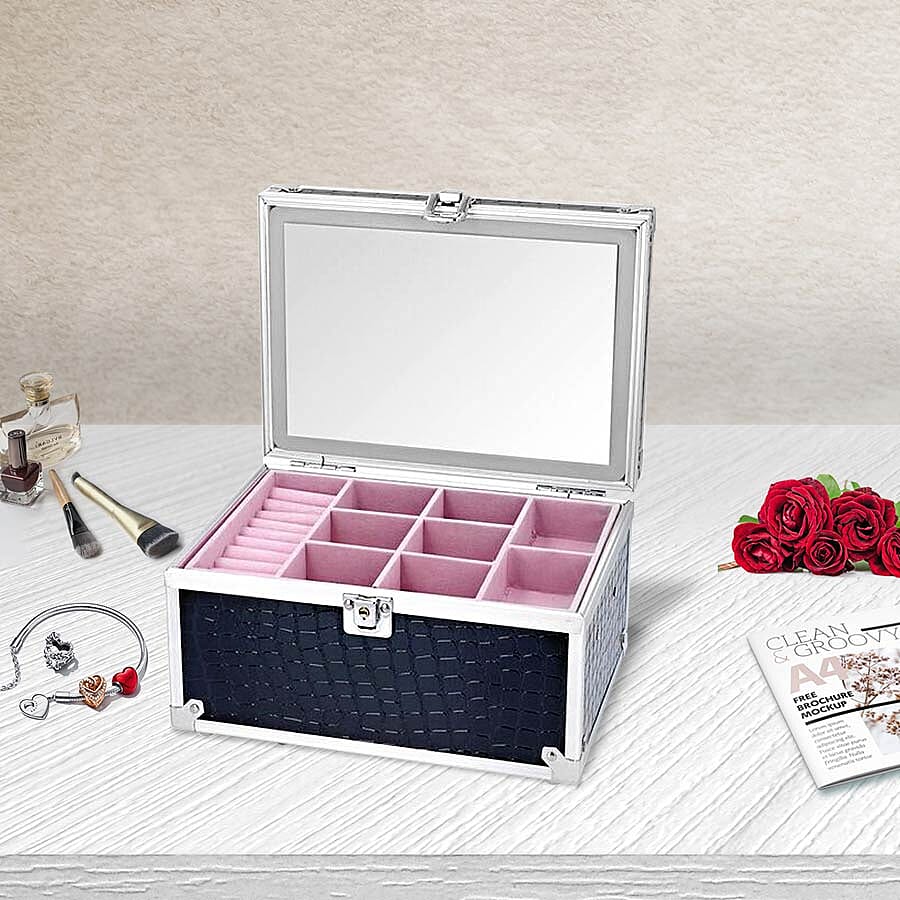 2 Layer Crocodile Skin Pattern Jewellery and Cosmetic Organiser with Touch LED Light Makeup Mirror (Size 24.5x17.5x14.5 Cm) - Black