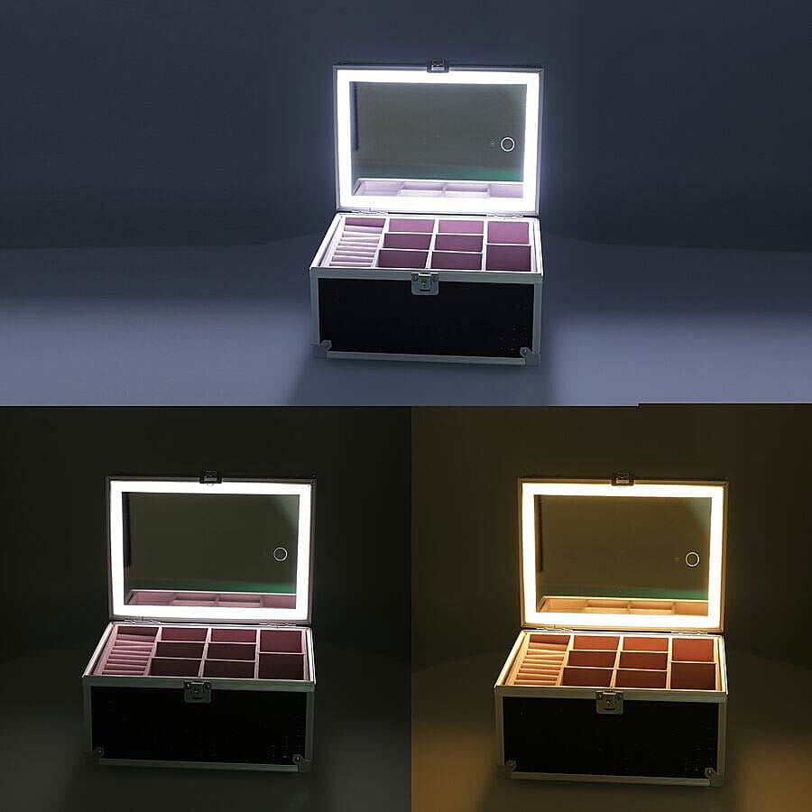 2 Layer Crocodile Skin Pattern Jewellery and Cosmetic Organiser with Touch LED Light Makeup Mirror (Size 24.5x17.5x14.5 Cm) - Black