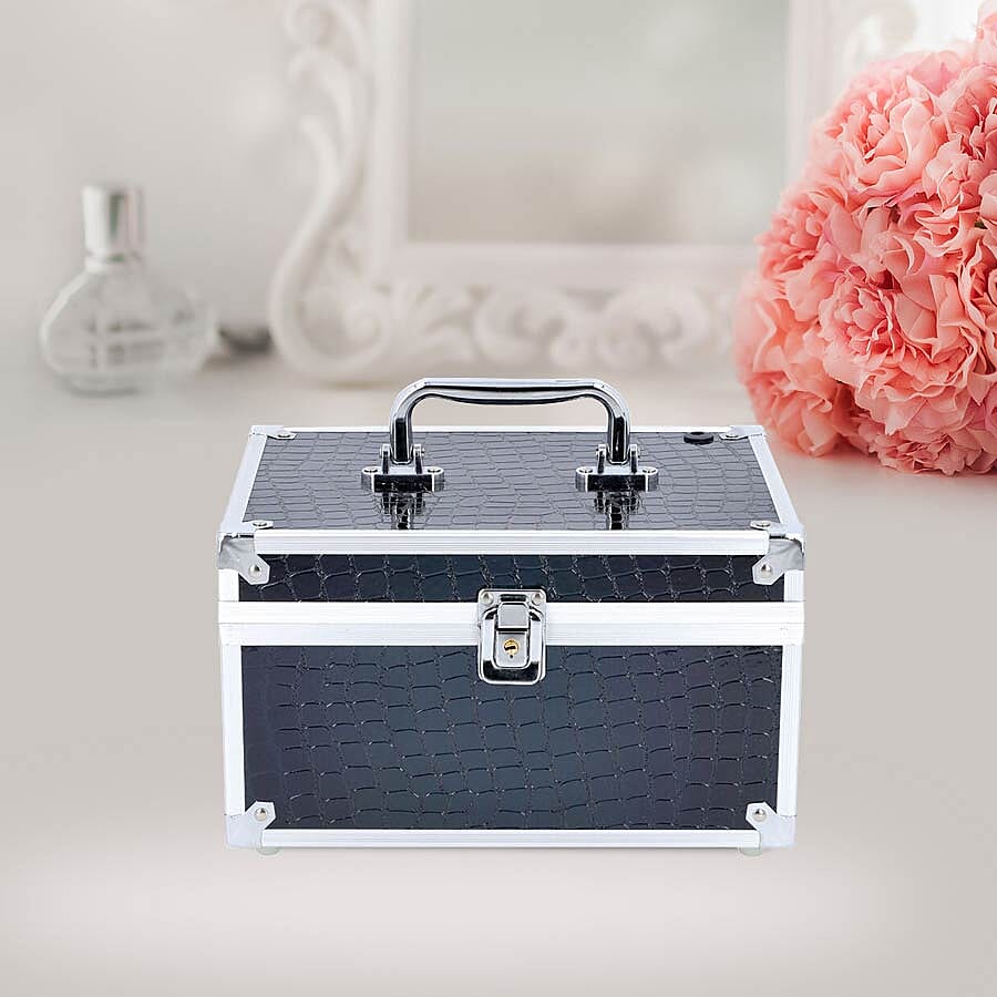 2 Layer Crocodile Skin Pattern Jewellery and Cosmetic Organiser with Touch LED Light Makeup Mirror (Size 24.5x17.5x14.5 Cm) - Black