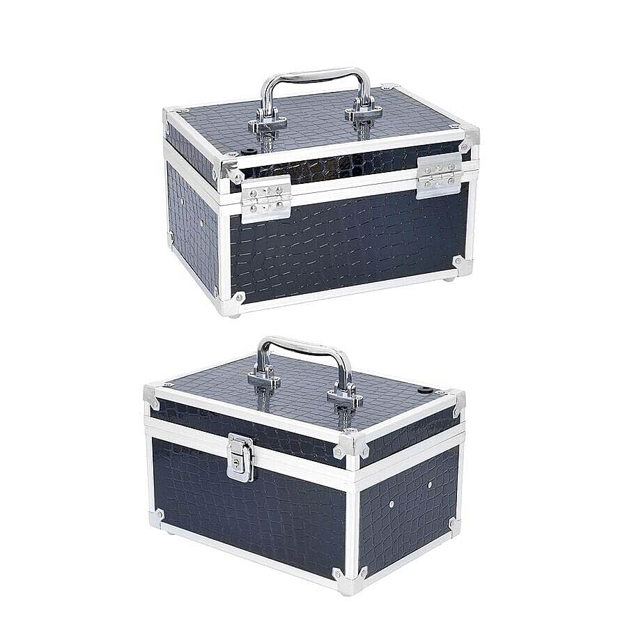 2 Layer Crocodile Skin Pattern Jewellery and Cosmetic Organiser with Touch LED Light Makeup Mirror (Size 24.5x17.5x14.5 Cm) - Black