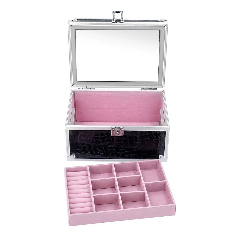 2 Layer Crocodile Skin Pattern Jewellery and Cosmetic Organiser with Touch LED Light Makeup Mirror (Size 24.5x17.5x14.5 Cm) - Black