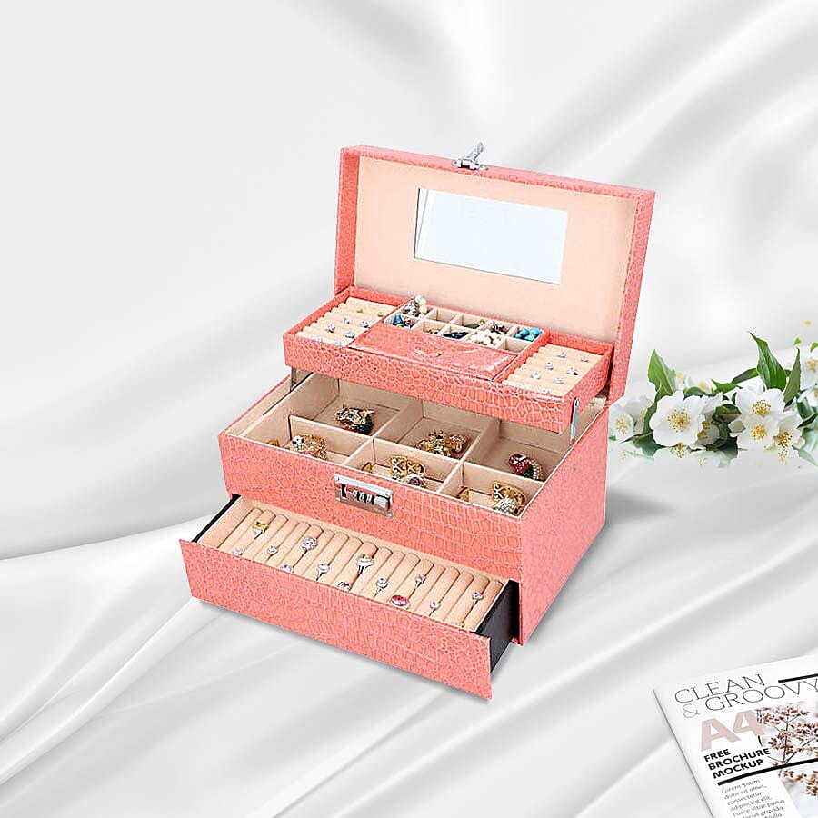 Three Layer Crocodile Skin Pattern Jewellery Box with Inside Mirror and Coded Lock (Size 33x21x19cm) - Blush