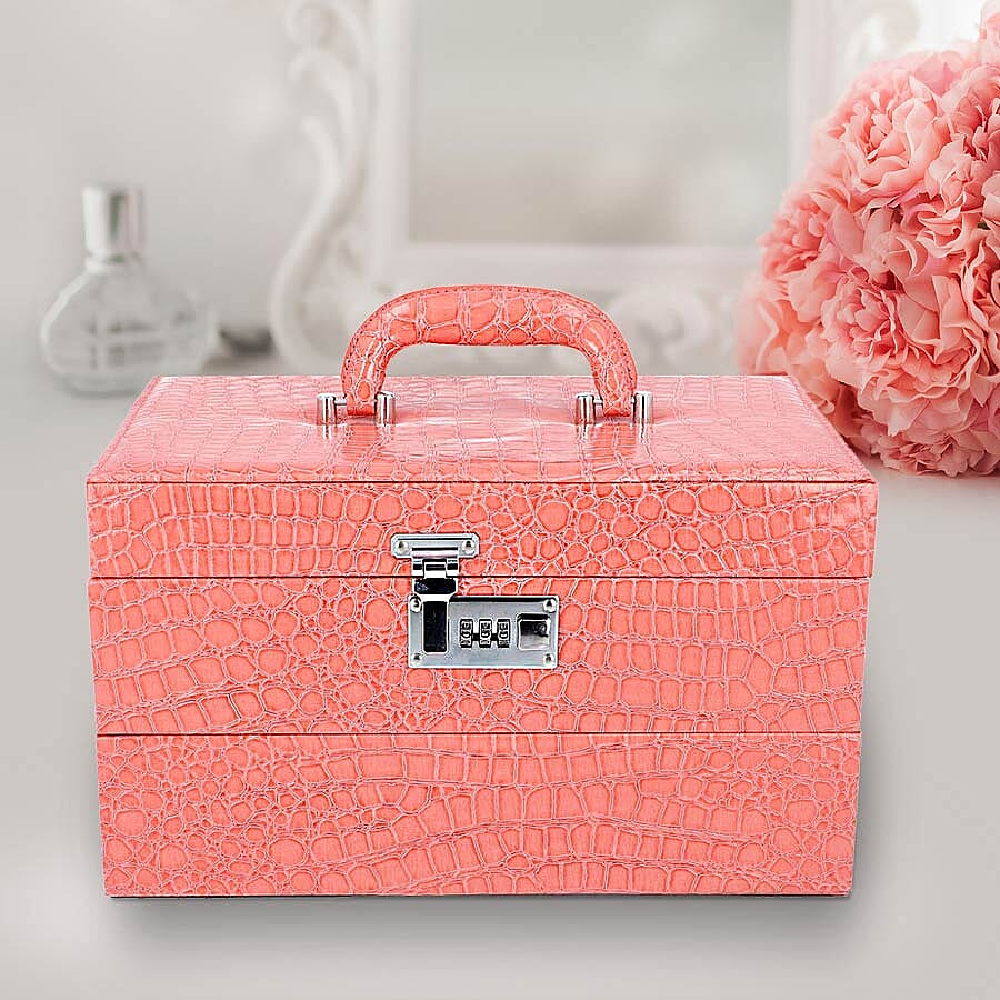 Three Layer Crocodile Skin Pattern Jewellery Box with Inside Mirror and Coded Lock (Size 33x21x19cm) - Blush