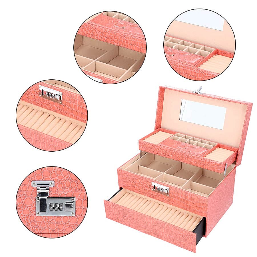 Three Layer Crocodile Skin Pattern Jewellery Box with Inside Mirror and Coded Lock (Size 33x21x19cm) - Blush
