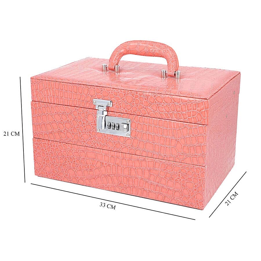 Three Layer Crocodile Skin Pattern Jewellery Box with Inside Mirror and Coded Lock (Size 33x21x19cm) - Blush