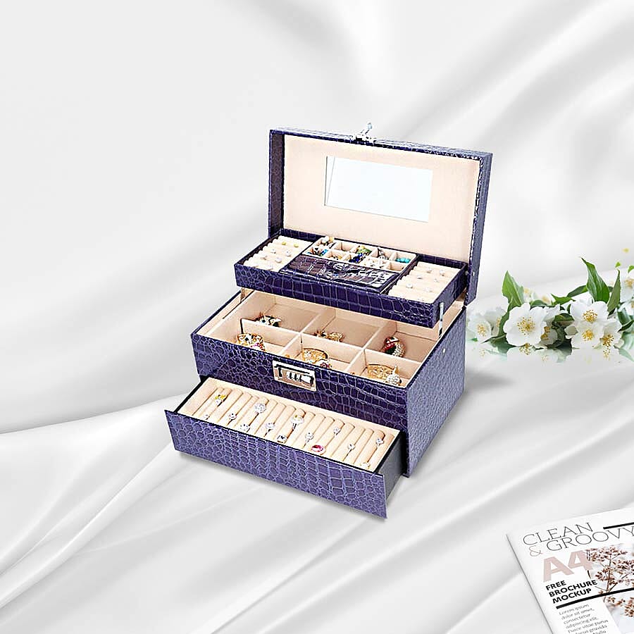 Three Layer Crocodile Skin Pattern Jewellery Box with Inside Mirror and Coded Lock (Size 33x21x19cm) - Blue