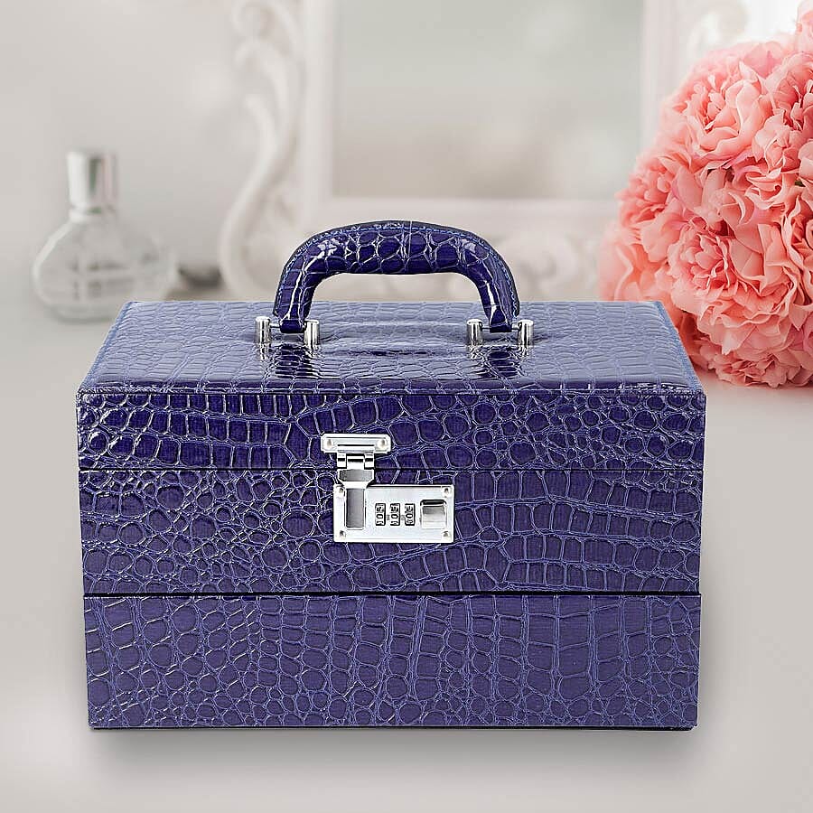 Three Layer Crocodile Skin Pattern Jewellery Box with Inside Mirror and Coded Lock (Size 33x21x19cm) - Blue