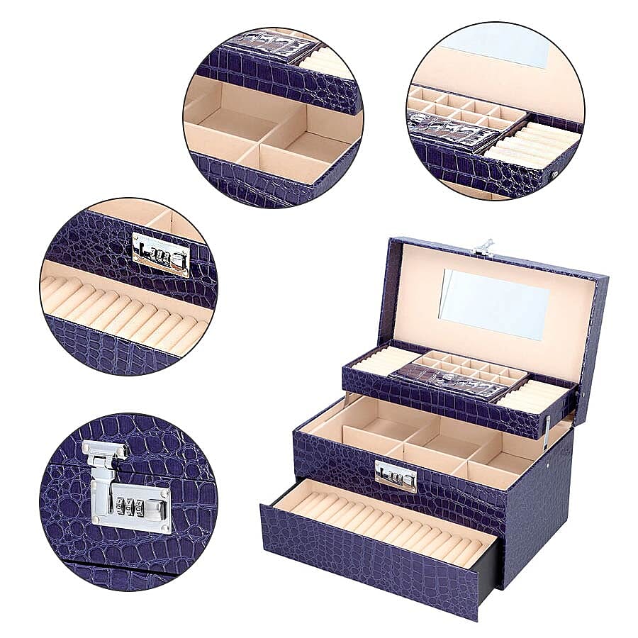 Three Layer Crocodile Skin Pattern Jewellery Box with Inside Mirror and Coded Lock (Size 33x21x19cm) - Blue