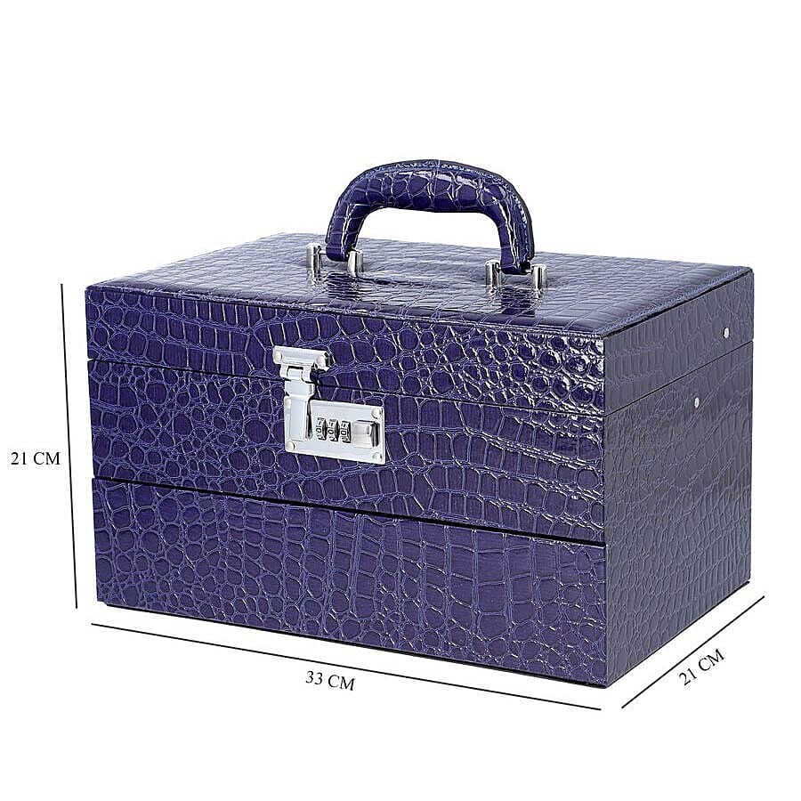 Three Layer Crocodile Skin Pattern Jewellery Box with Inside Mirror and Coded Lock (Size 33x21x19cm) - Blue