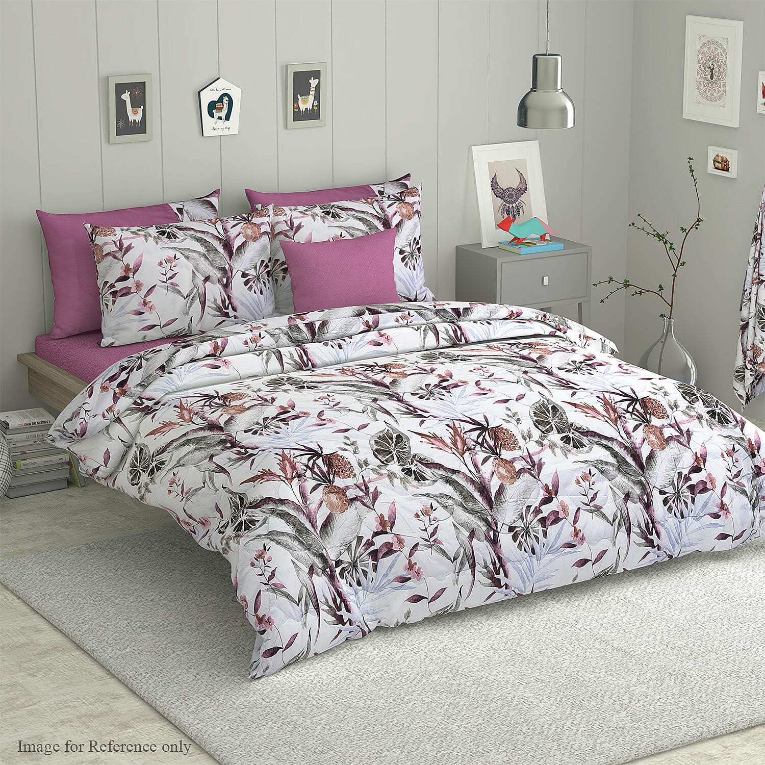 6 Piece Set - Floral Pattern Comforter, Fitted Sheet, 2 Pillow Case and 2 Envelope Pillow Case (Size Double) - Pink, White, Mauve and Multi