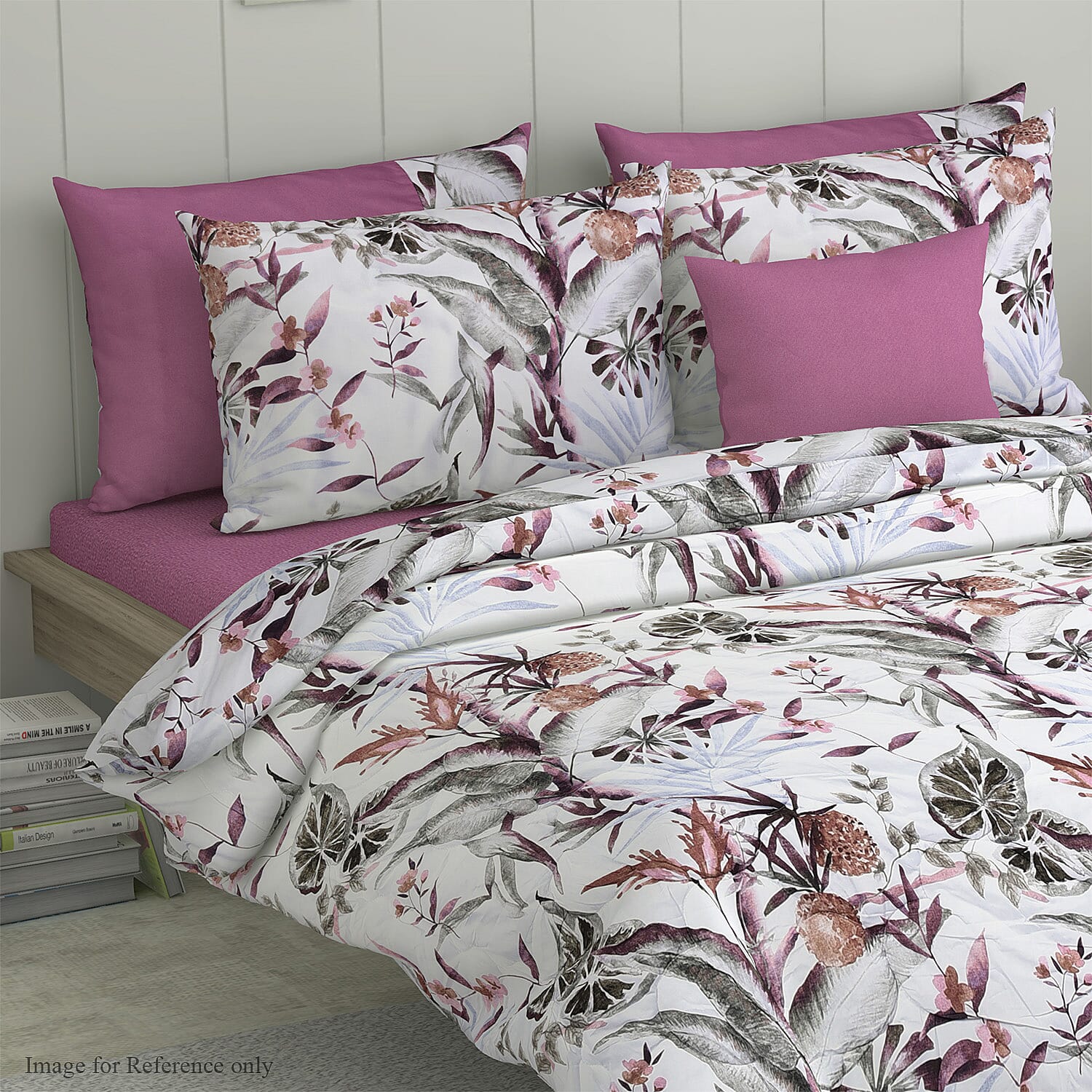 6 Piece Set - Floral Pattern Comforter, Fitted Sheet, 2 Pillow Case and 2 Envelope Pillow Case (Size Double) - Pink, White, Mauve and Multi