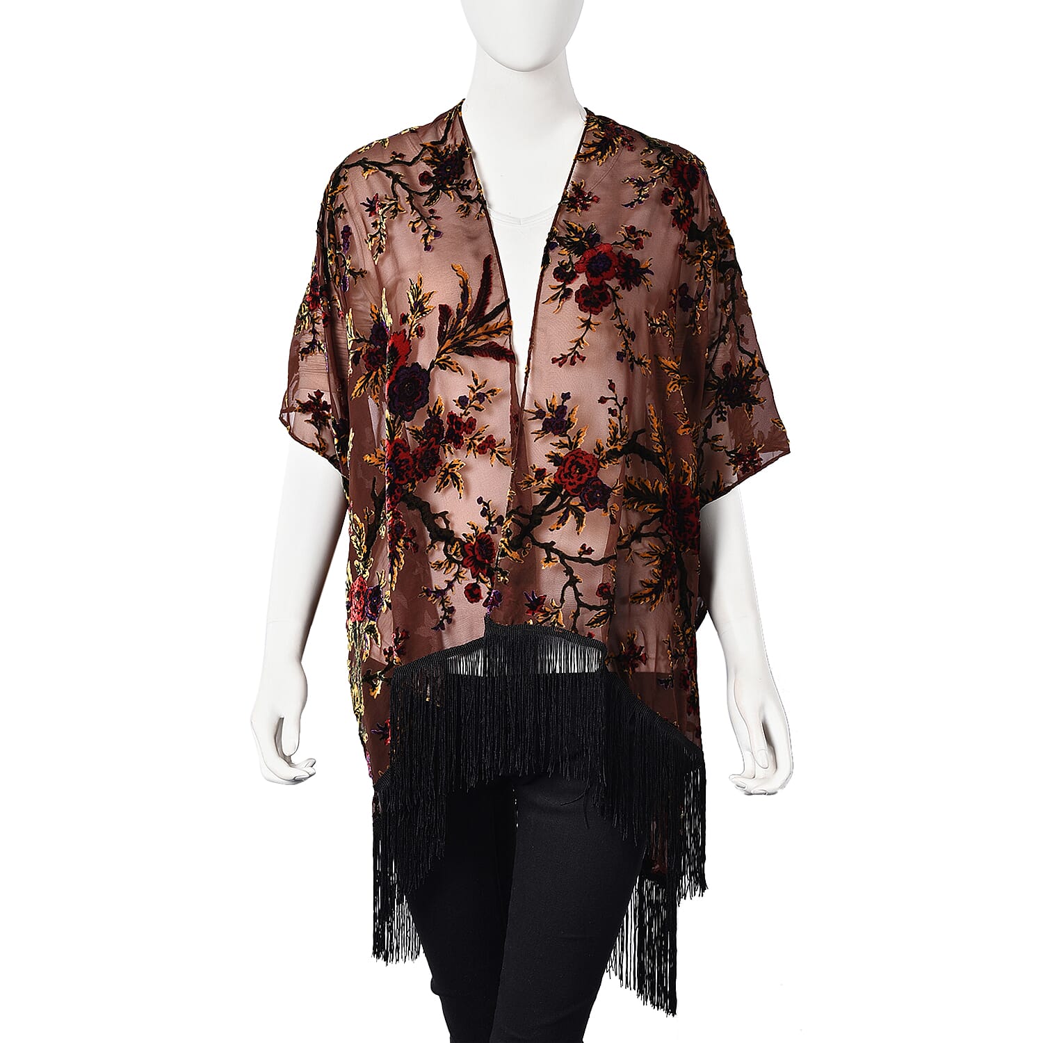 Brown Colour Floral Pattern Kimono with Long Tassels (Free Size; L-66 Cm)