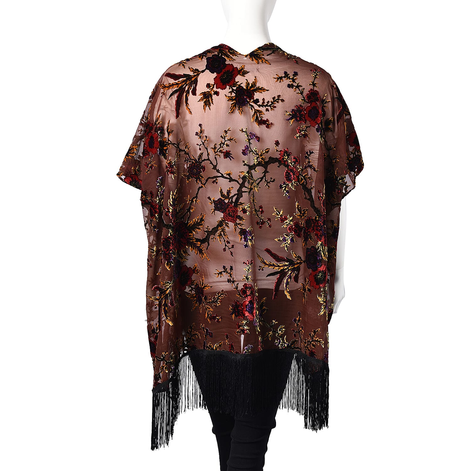 Brown Colour Floral Pattern Kimono with Long Tassels (Free Size; L-66 Cm)