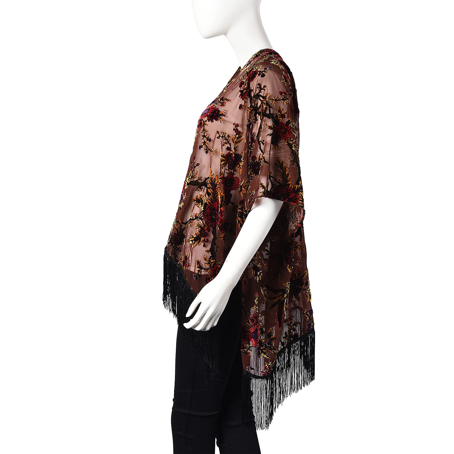 Brown Colour Floral Pattern Kimono with Long Tassels (Free Size; L-66 Cm)