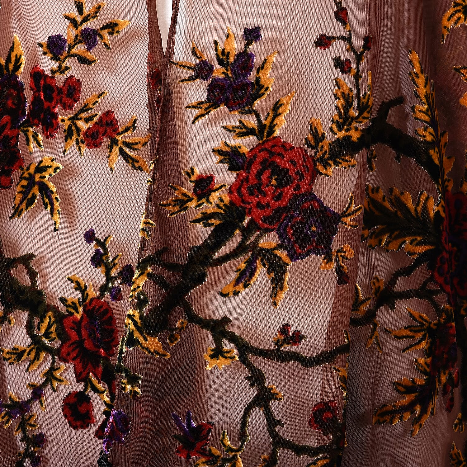 Brown Colour Floral Pattern Kimono with Long Tassels (Free Size; L-66 Cm)