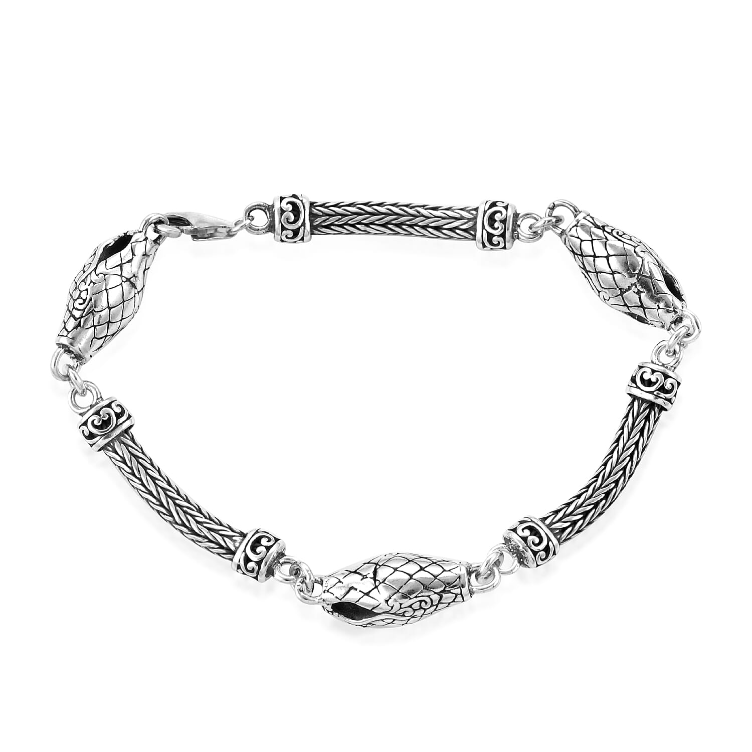 Royal Bali Collection - Sterling Silver Snake Head Tulang Naga Bracelet (Size 7.5), Silver wt 22.00 Gms