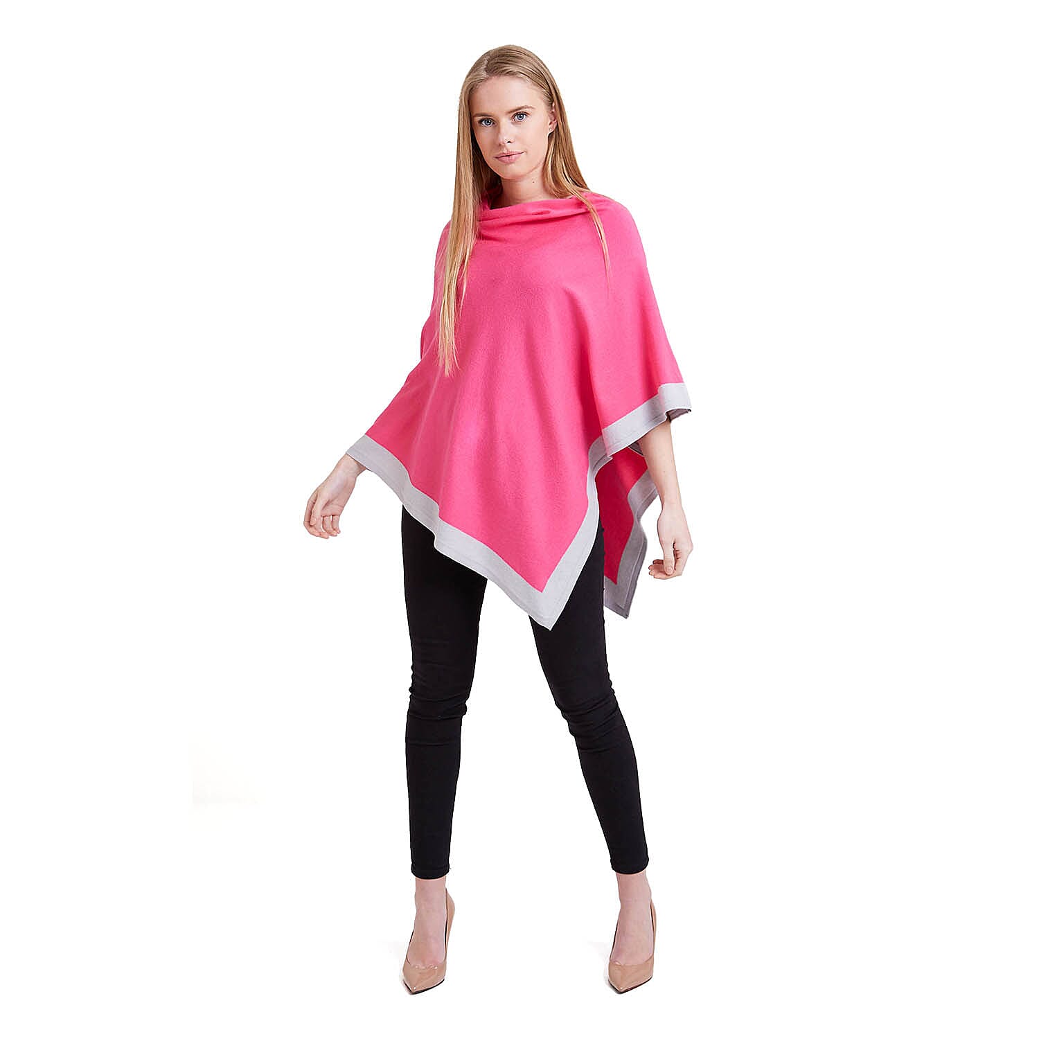 Kris Ana Coloured Border Poncho One Size (8-20) - Fuchsia and Grey