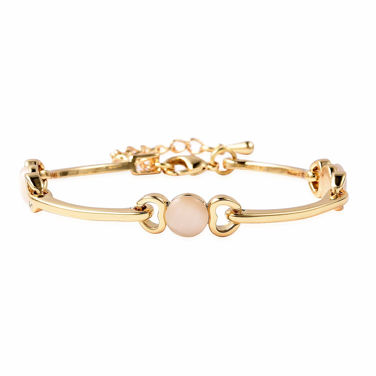 Simulated White Cats Eye Heart Link Bracelet (Size 7-8) in Yellow Gold Tone