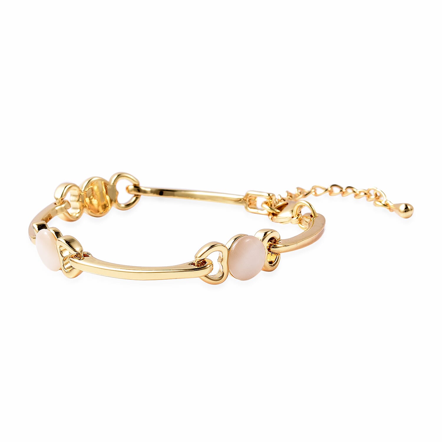 Simulated White Cats Eye Heart Link Bracelet (Size 7-8) in Yellow Gold Tone