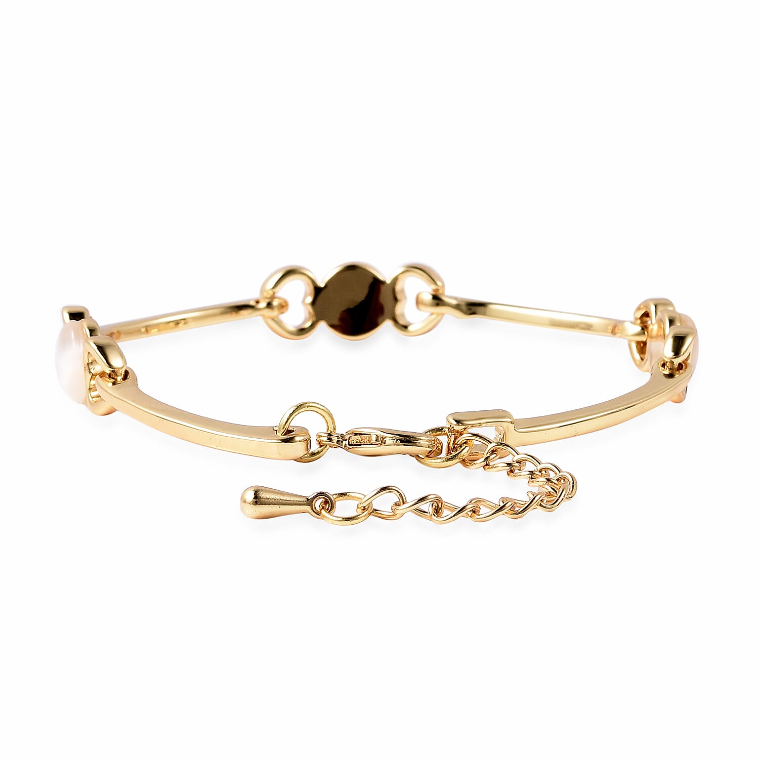 Simulated White Cats Eye Heart Link Bracelet (Size 7-8) in Yellow Gold Tone