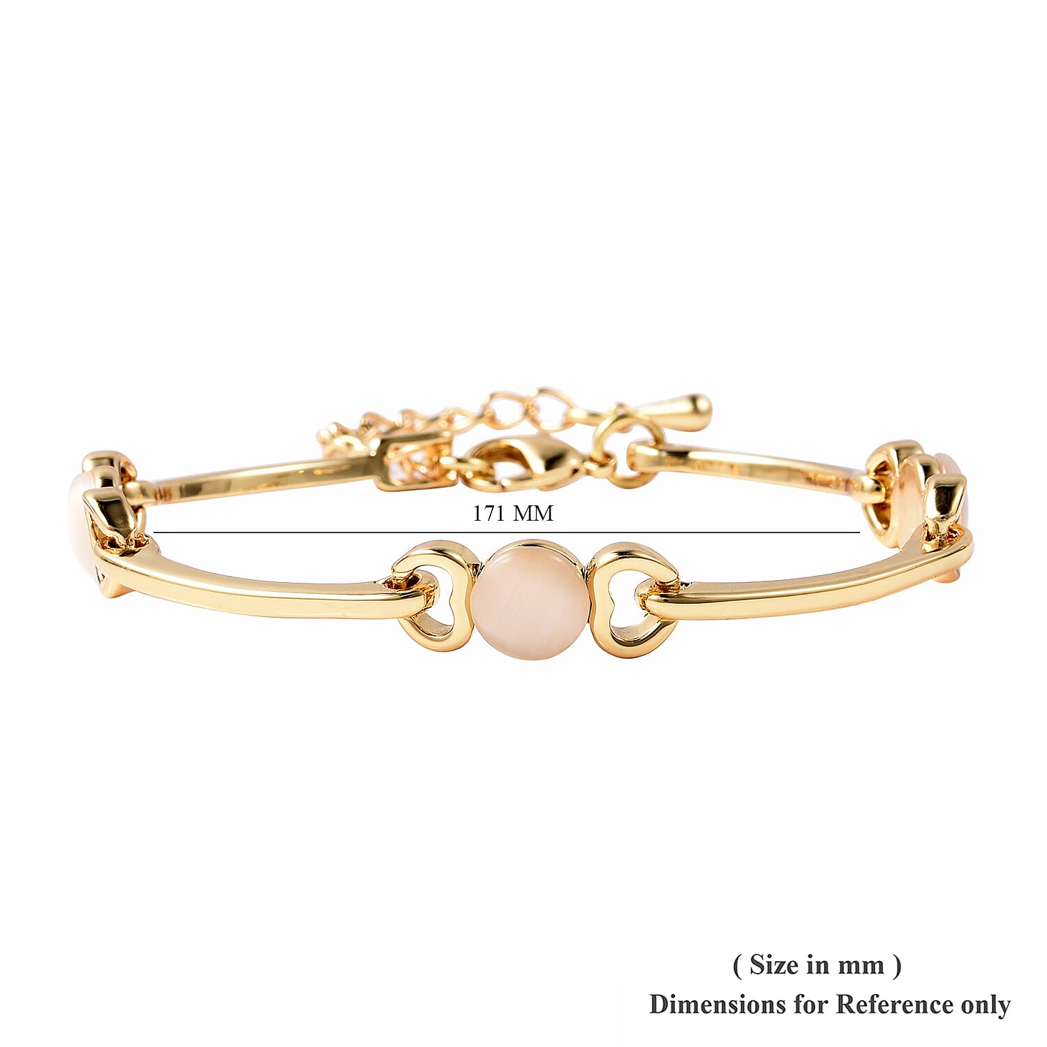 Simulated White Cats Eye Heart Link Bracelet (Size 7-8) in Yellow Gold Tone