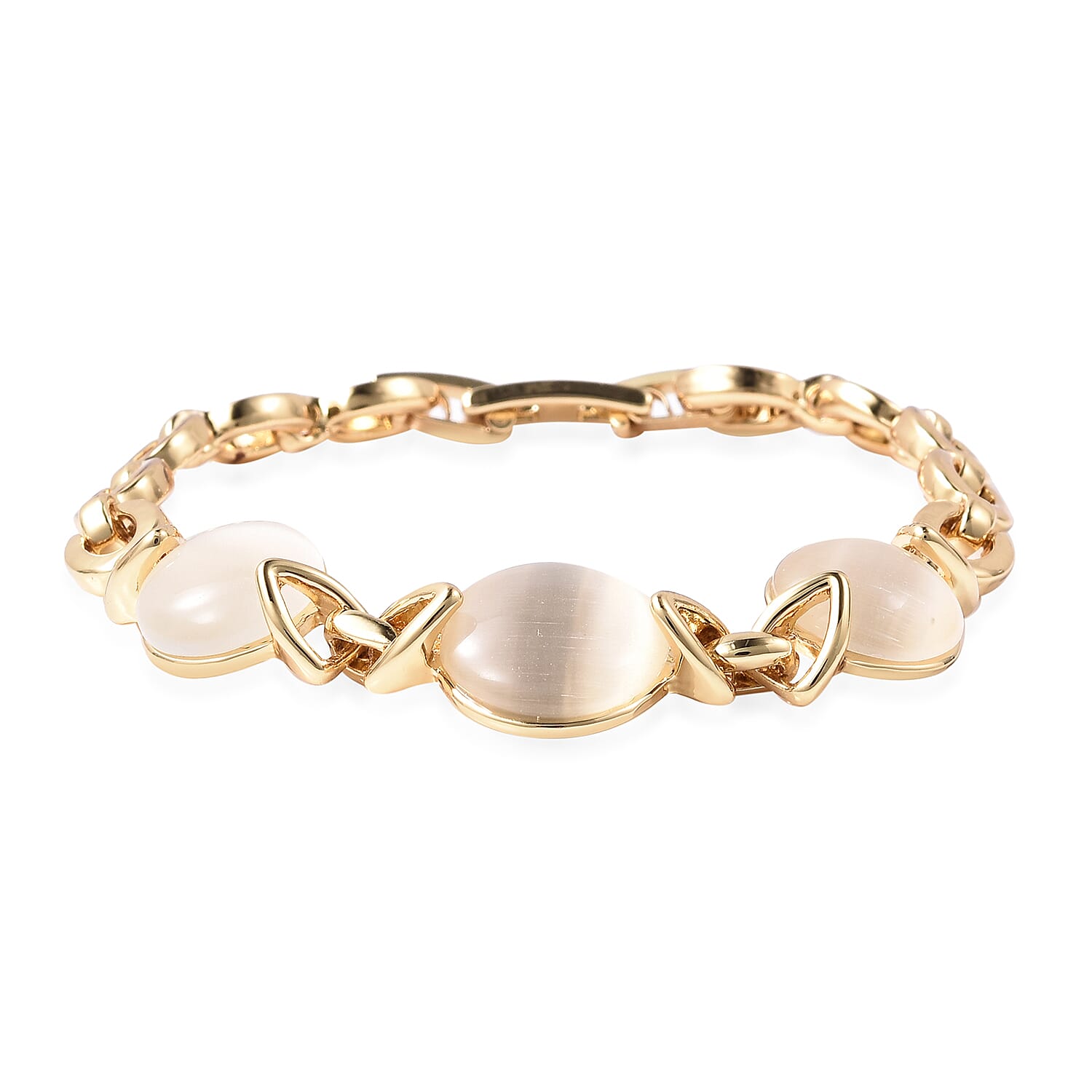 Simulated White Cats Eye Link Bracelet (Size 7) in Yellow Gold Tone