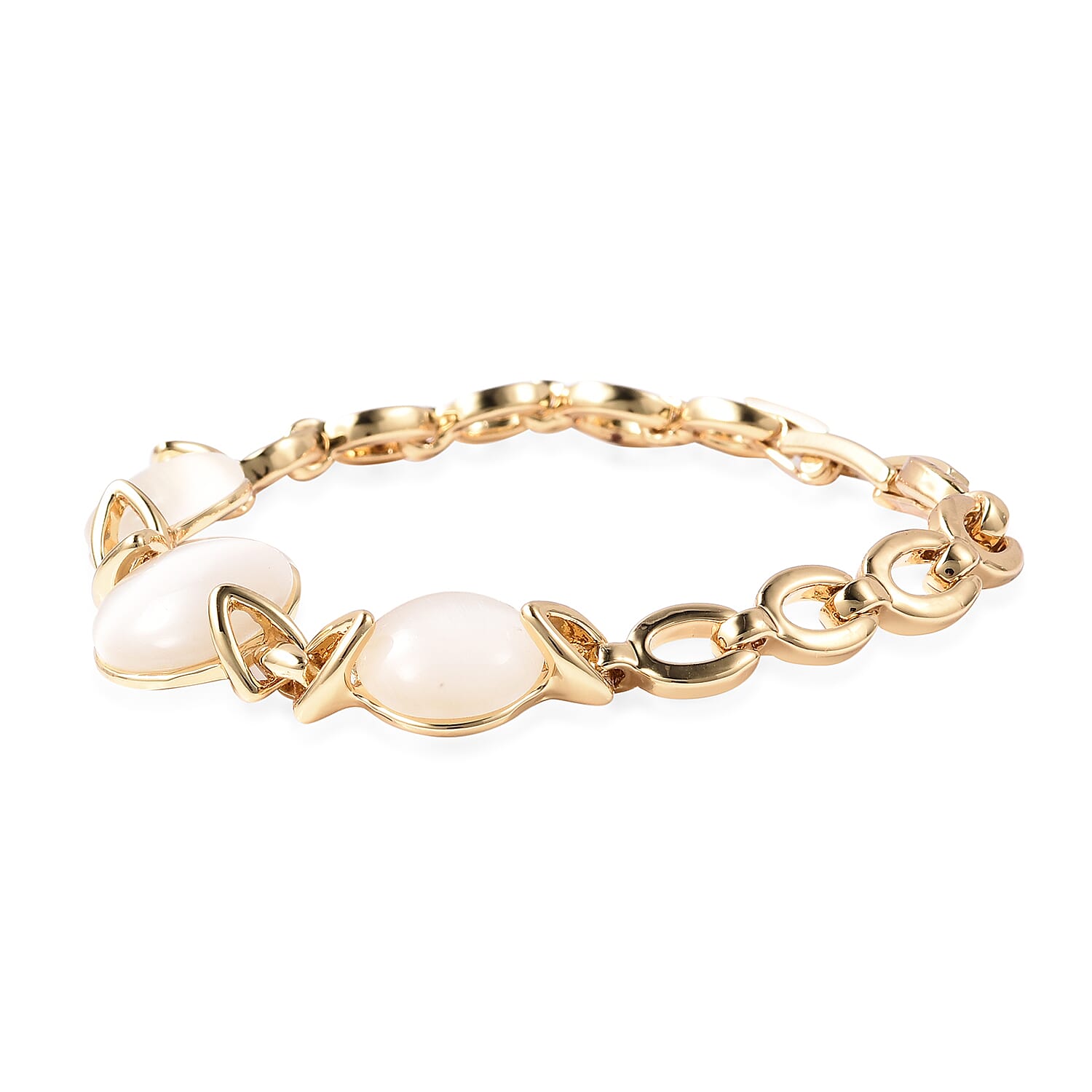 Simulated White Cats Eye Link Bracelet (Size 7) in Yellow Gold Tone