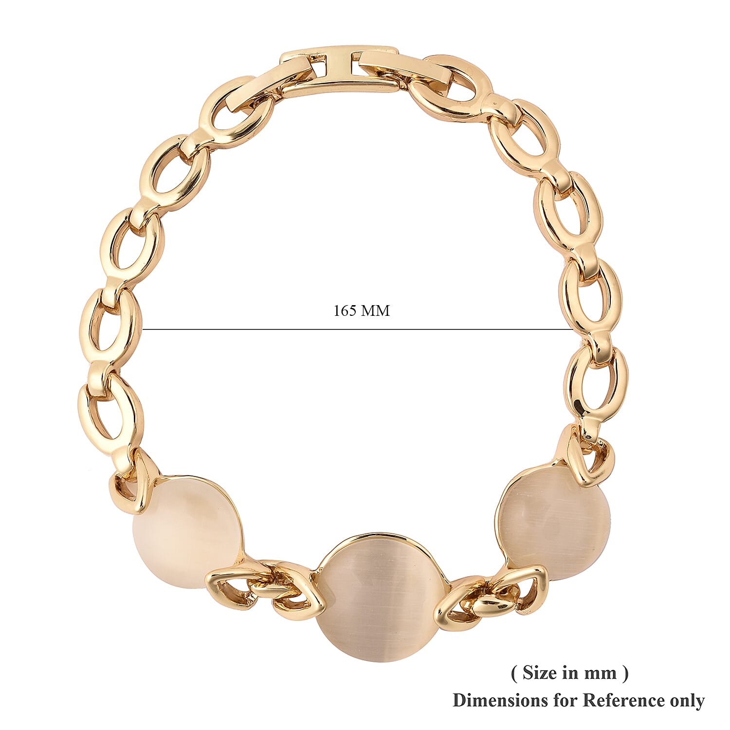 Simulated White Cats Eye Link Bracelet (Size 7) in Yellow Gold Tone